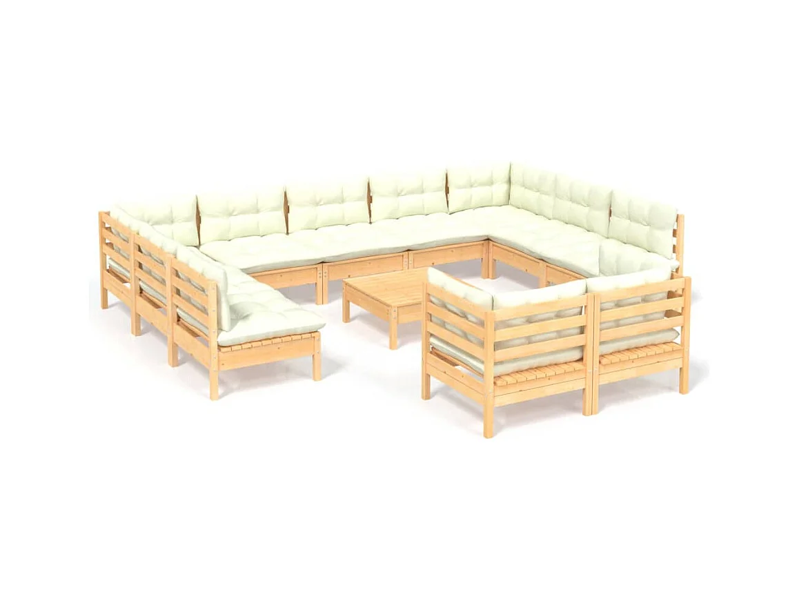 Set Divani da Giardino 12 pz con Cuscini Crema Massello di Pino
