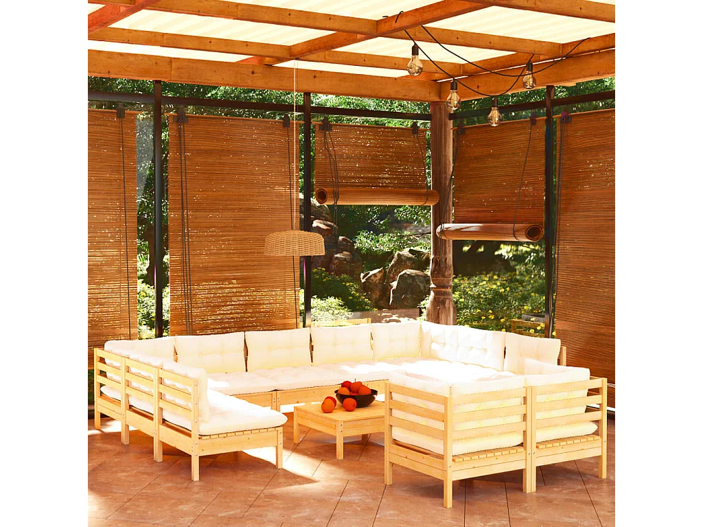 12-tlg. Garten-Lounge-Set mit Creme Kissen Massivholz Kiefer