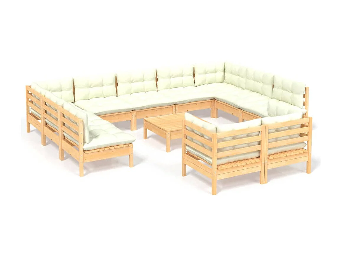 12-tlg. Garten-Lounge-Set mit Creme Kissen Massivholz Kiefer
