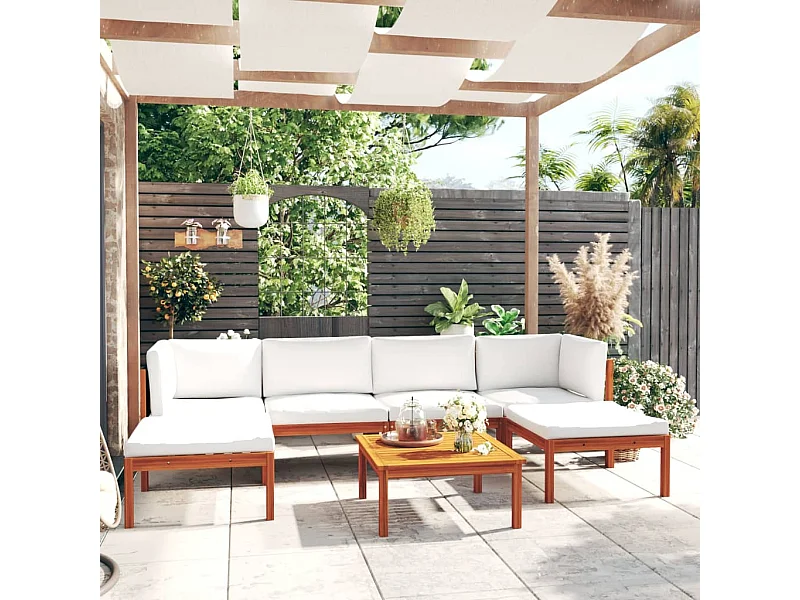 Salon de jardin 7 pièces avec coussins, bois d'acacia crème et corde