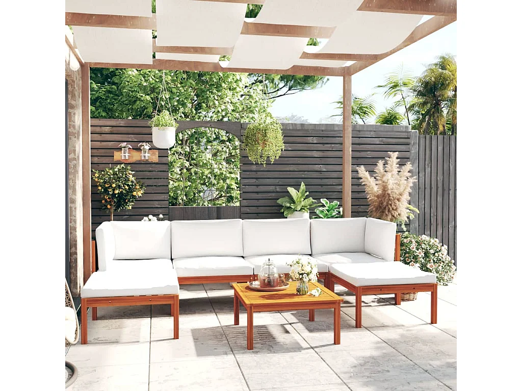 Salon de jardin 7 pièces avec coussins, bois d'acacia crème et corde