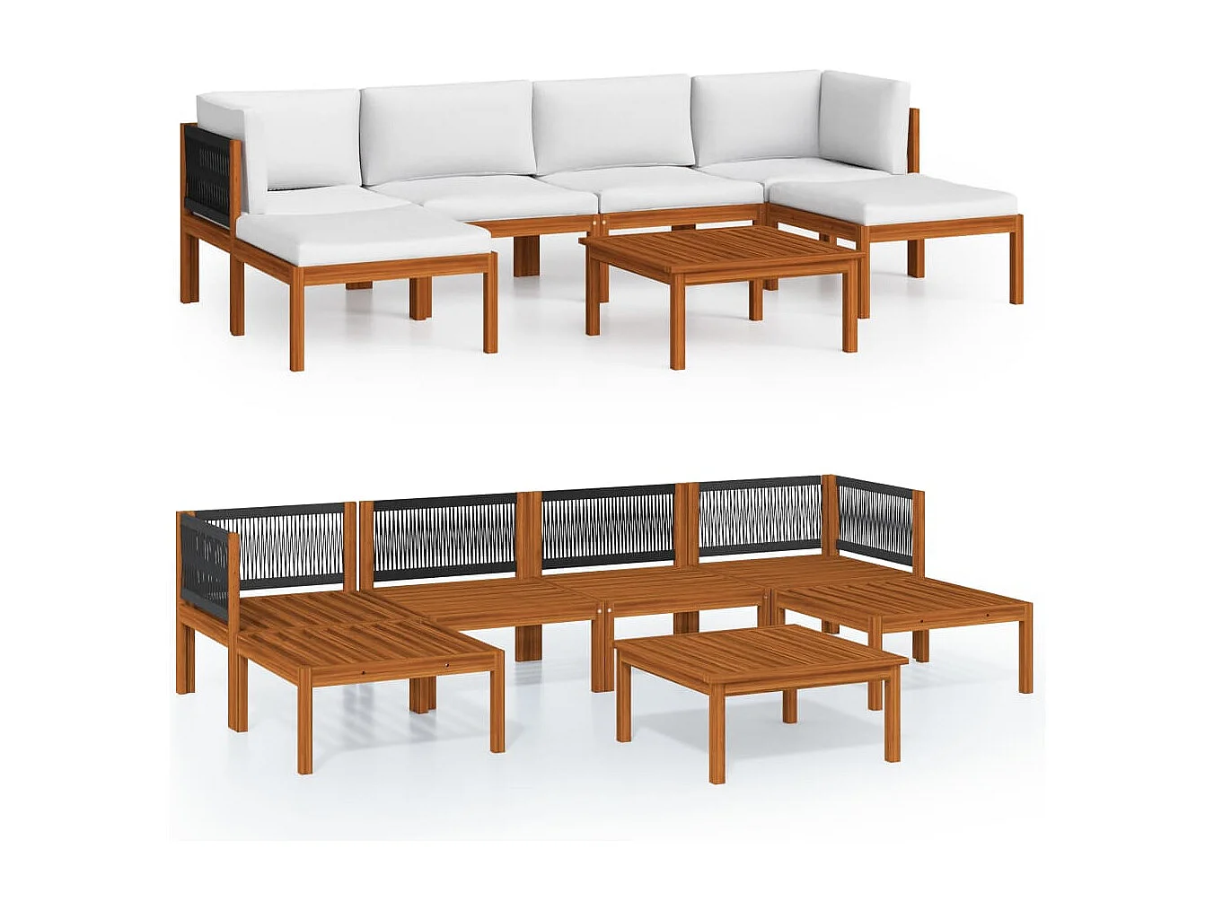 Salon de jardin 7 pièces avec coussins, bois d'acacia crème et corde