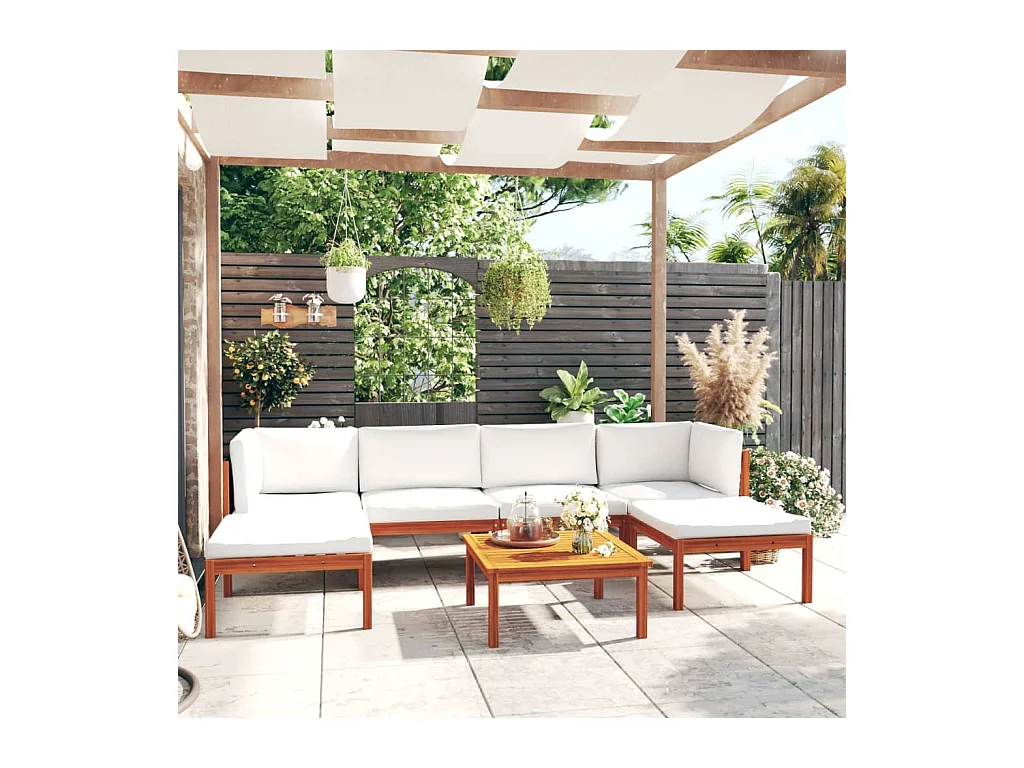 Salon de jardin 7 pièces avec coussins, bois d'acacia crème et corde