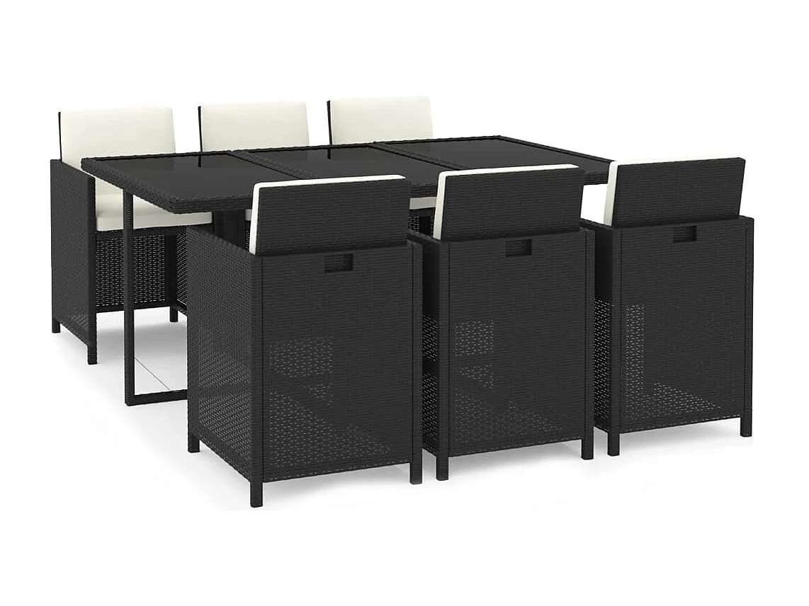 7-tlg. Garten-Essgruppe mit Kissen Poly Rattan Schwarz