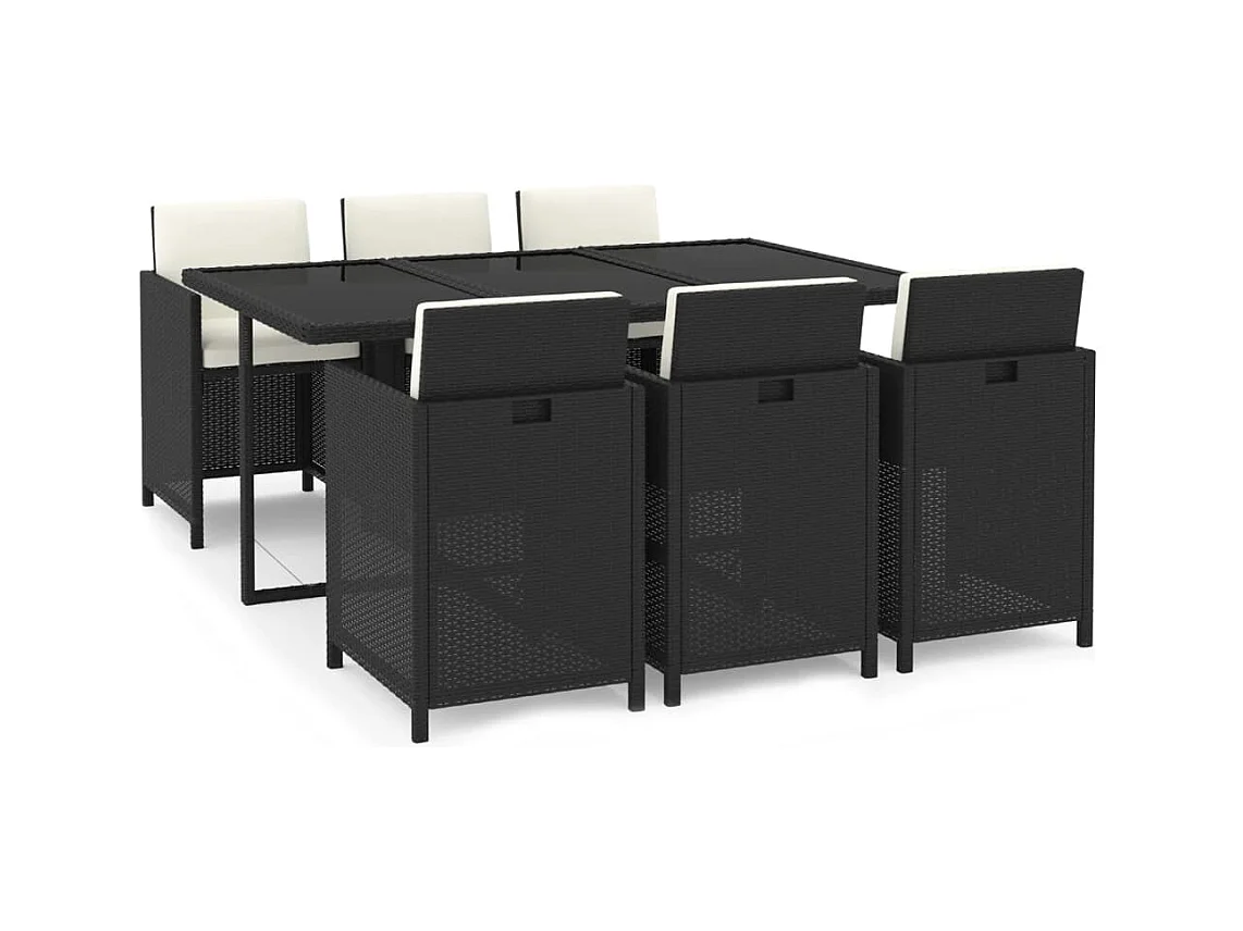 Set de comedor de jardín 7 pzas y cojines ratán sintético negro
