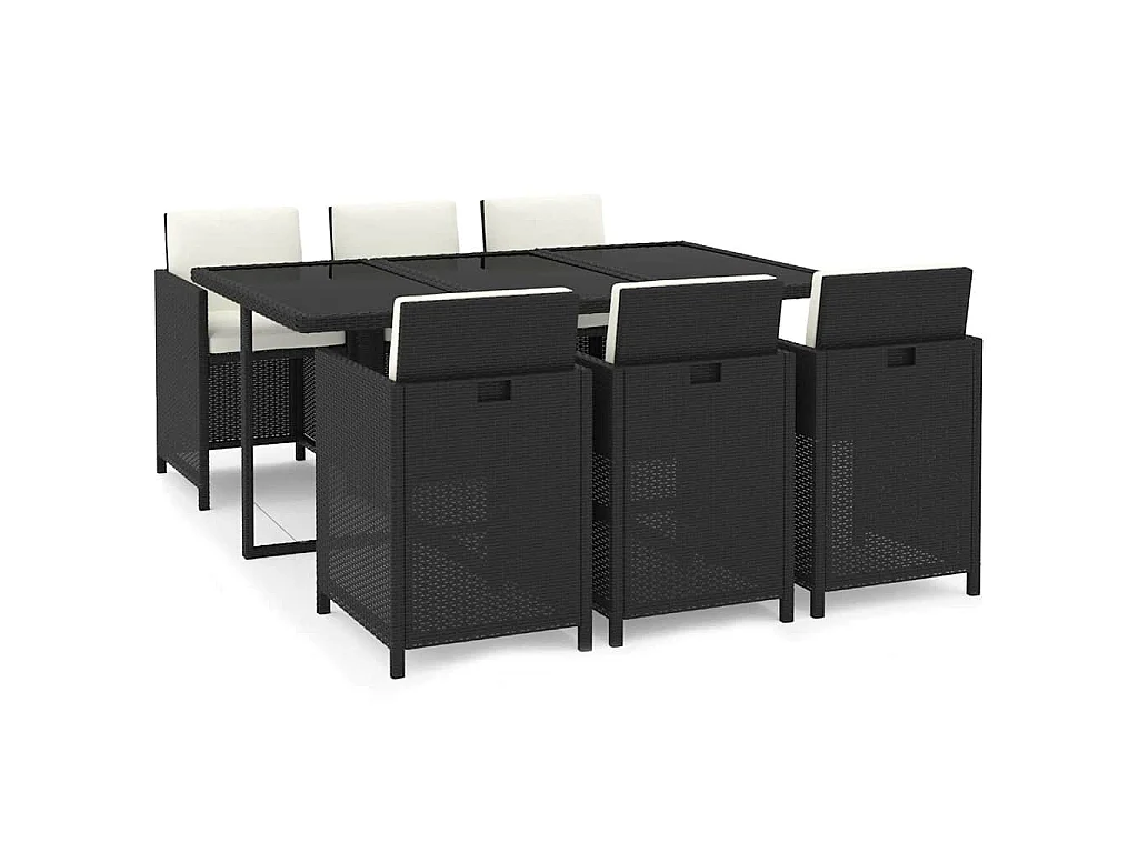 Set de comedor de jardín 7 pzas y cojines ratán sintético negro