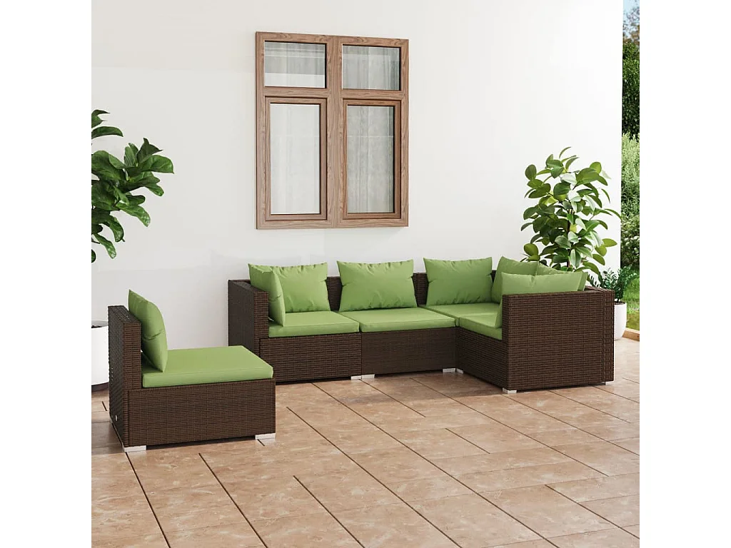 5-tlg. Garten-Lounge-Set mit Kissen Poly Rattan Braun