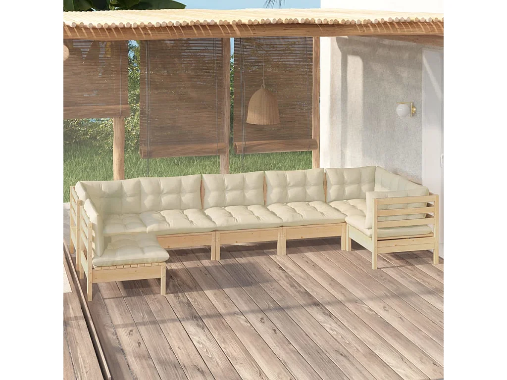 7 pcs conjunto lounge de jardim c/ almofadões cor creme pinho