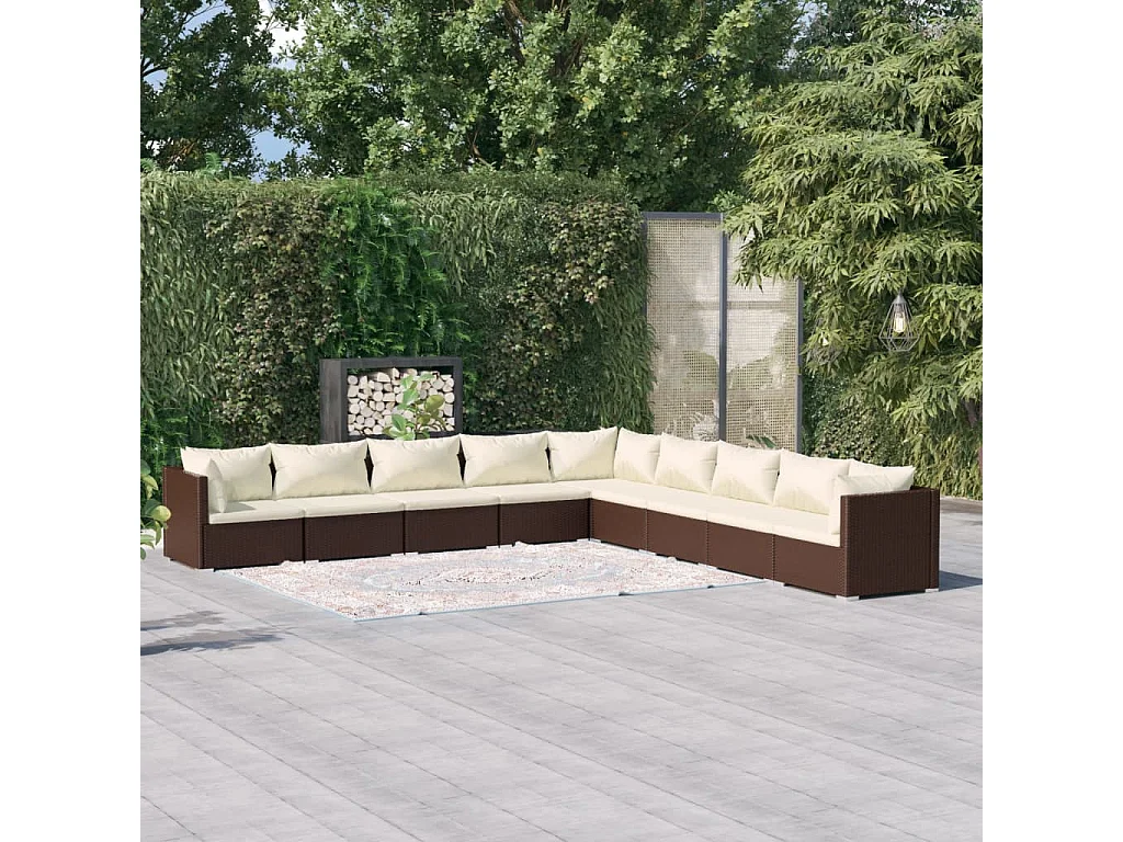 9 pcs conjunto lounge jardim c/ almofadões vime PE castanho