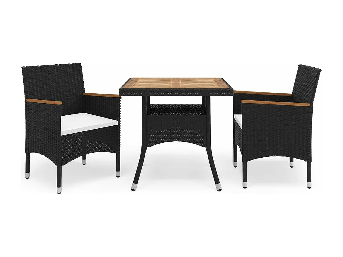 3-tlg. Garten-Essgruppe Schwarz Poly Rattan und Akazienholz