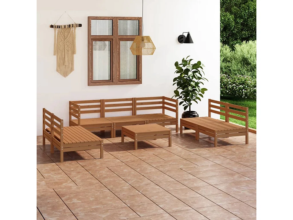 Salon de jardin 8 pcs Marron miel Bois de pin massif