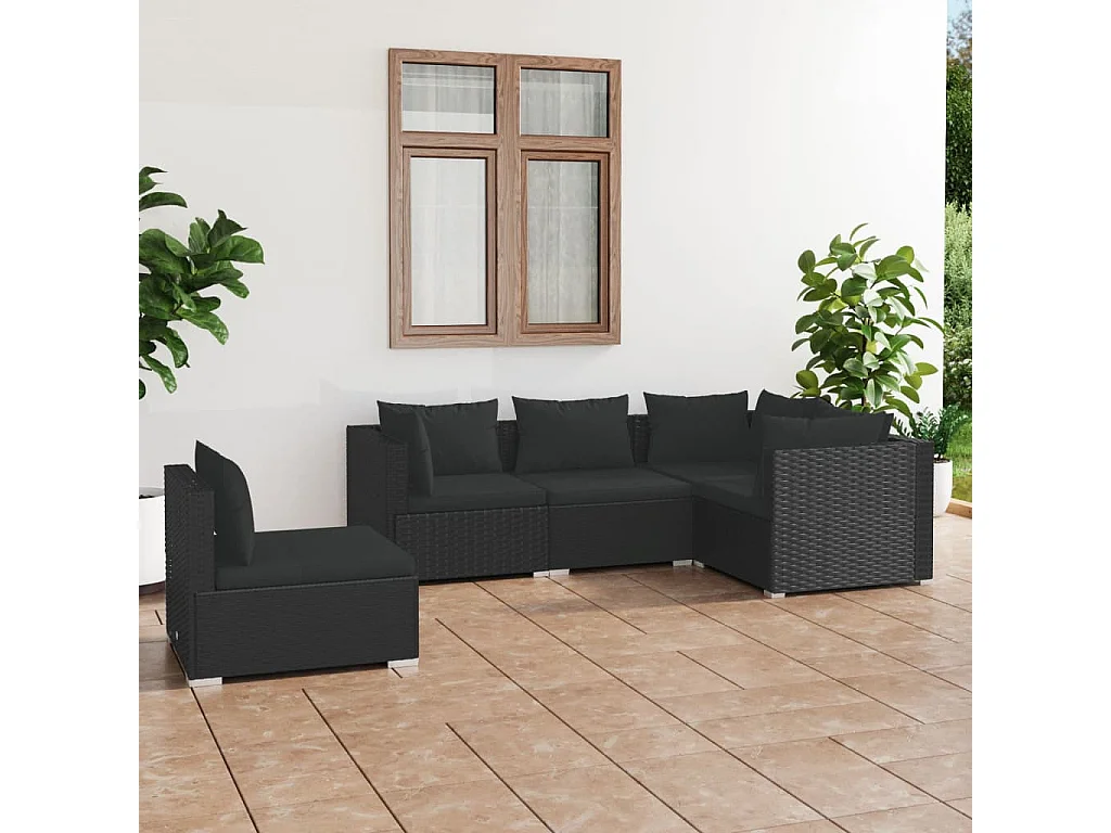 Salon de jardin 5 pcs avec coussins Résine tressée Noir