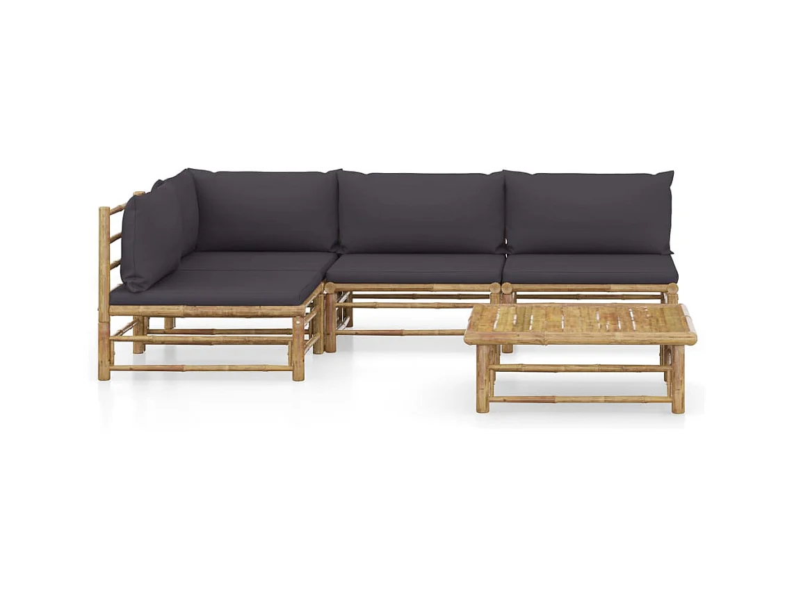 Salon de jardin 5 pcs avec coussins gris foncé bambou