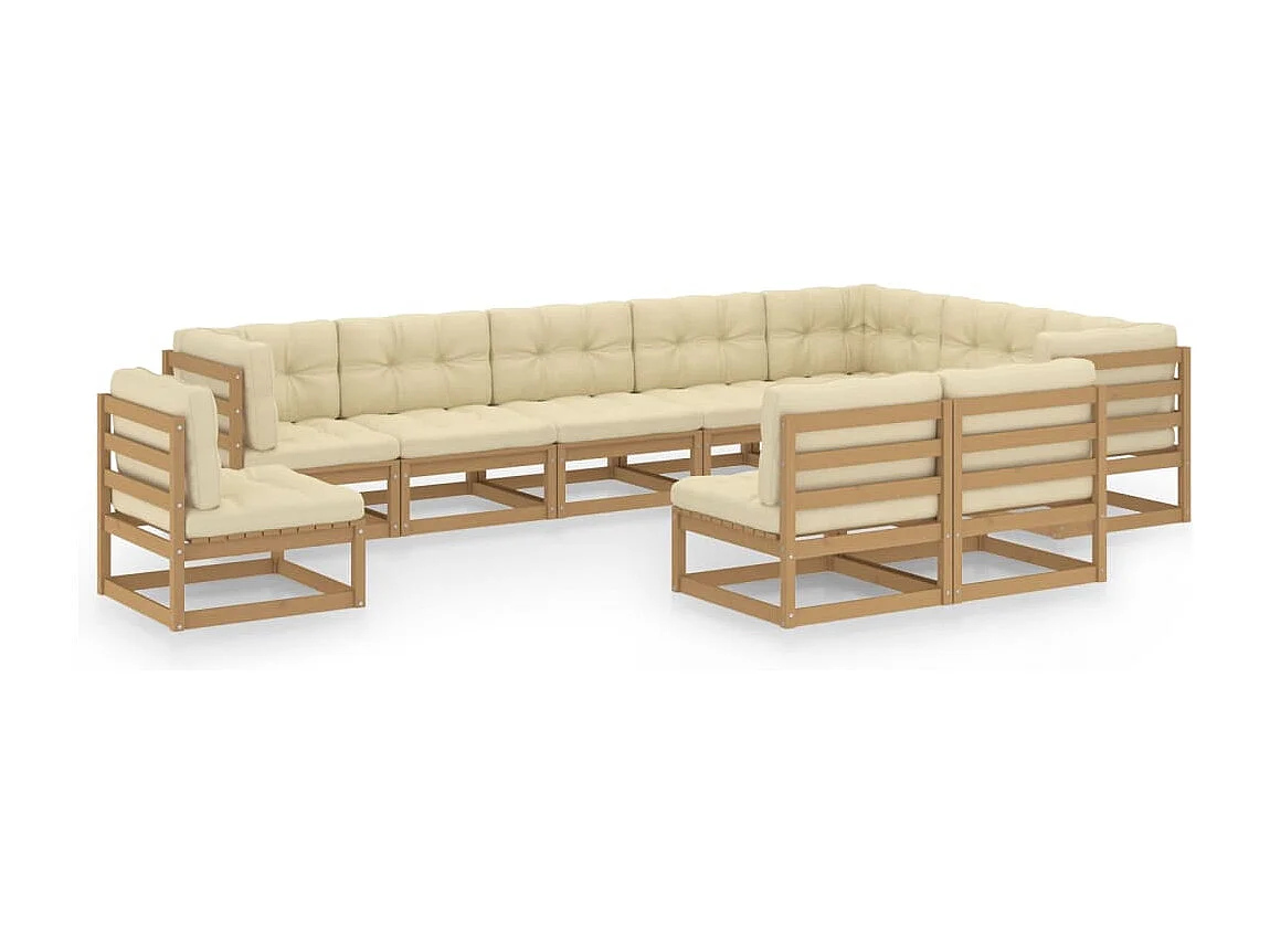 Salon de jardin 10 pcs avec coussins Marron miel Bois de pin