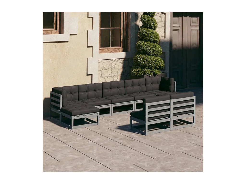 Salon de jardin 9 pcs avec coussins Gris Bois de pin massif