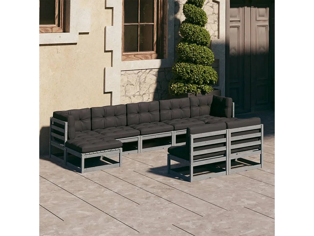 9-tlg. Garten-Lounge-Set mit Kissen Grau Massivholz Kiefer