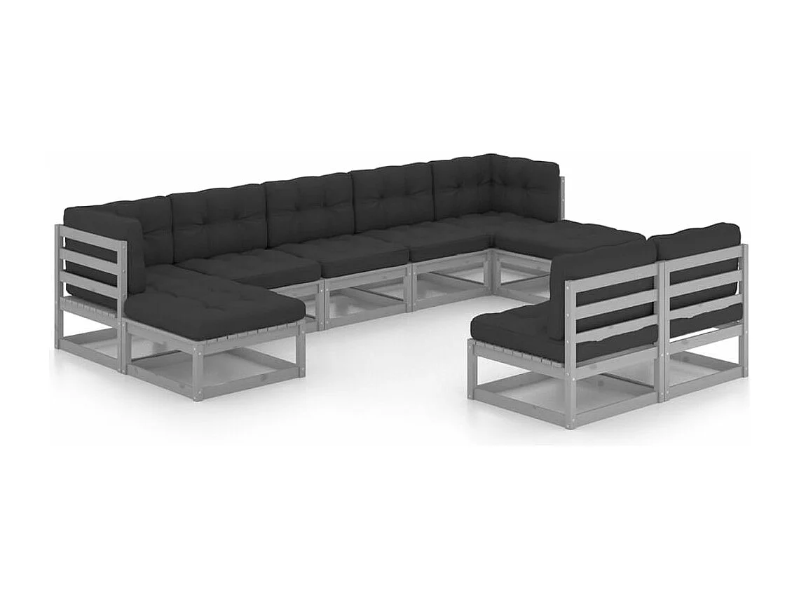 9-tlg. Garten-Lounge-Set mit Kissen Grau Massivholz Kiefer