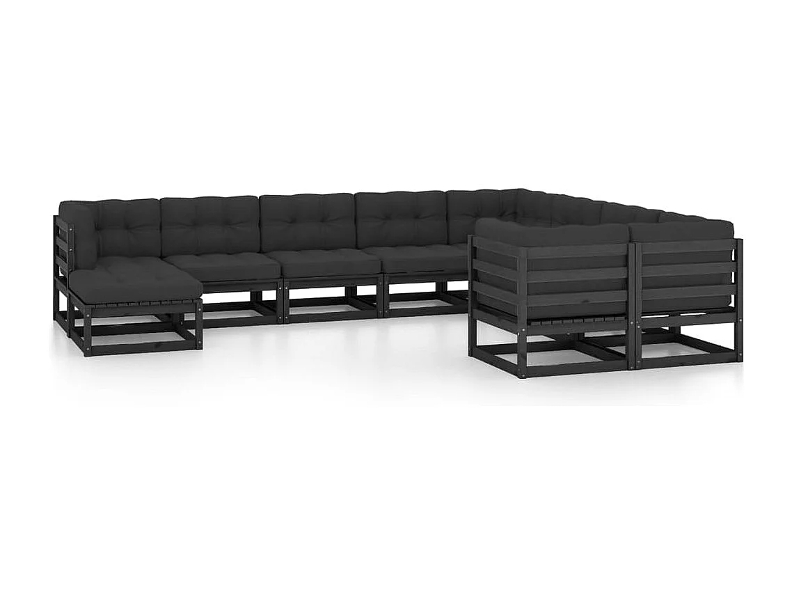 Salon de jardin 10 pcs avec coussins Noir Bois de pin massif