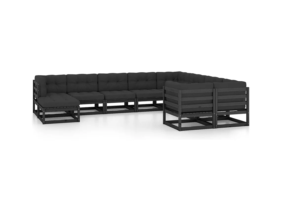 10-delige Loungeset met kussens massief grenenhout zwart