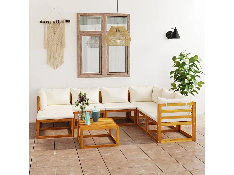 8-tlg. Garten-Lounge-Set mit Auflagen Creme Massivholz Akazie