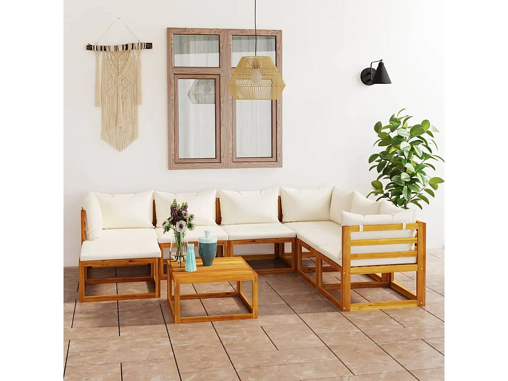 Salon de jardin 8 pcs avec coussin Crème Bois d'acacia solide