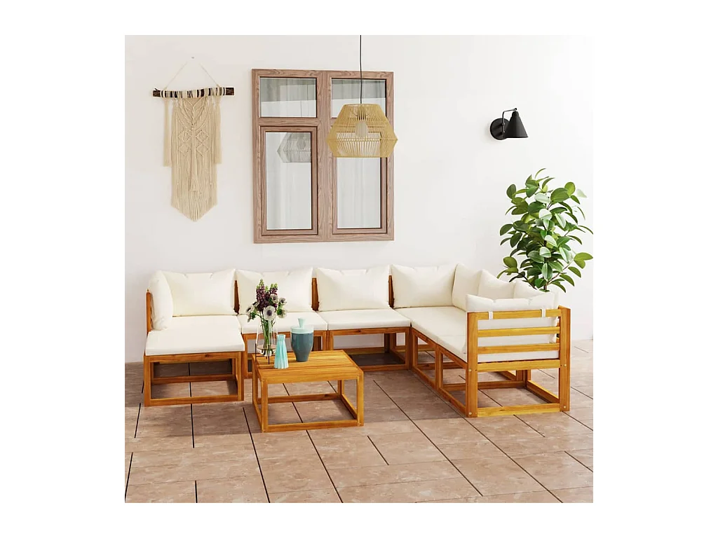 Salon de jardin 8 pcs avec coussin Crème Bois d'acacia solide
