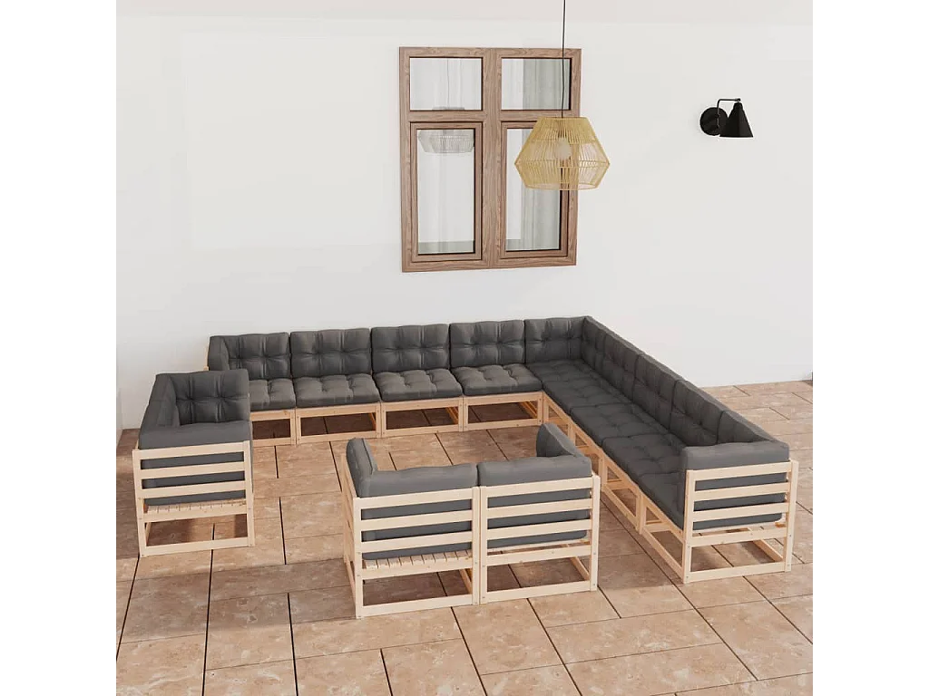 Salon de jardin 13 pcs avec coussins Bois de pin massif