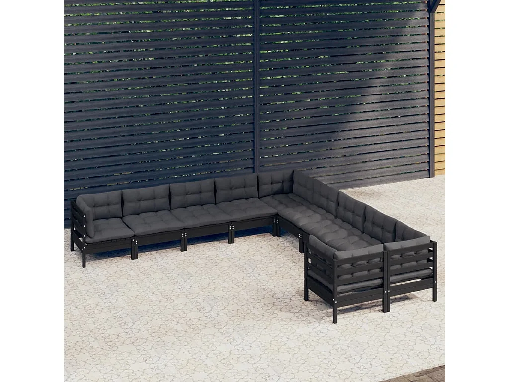 Set Divani da Giardino 10 pz con Cuscini Neri Massello di Pino