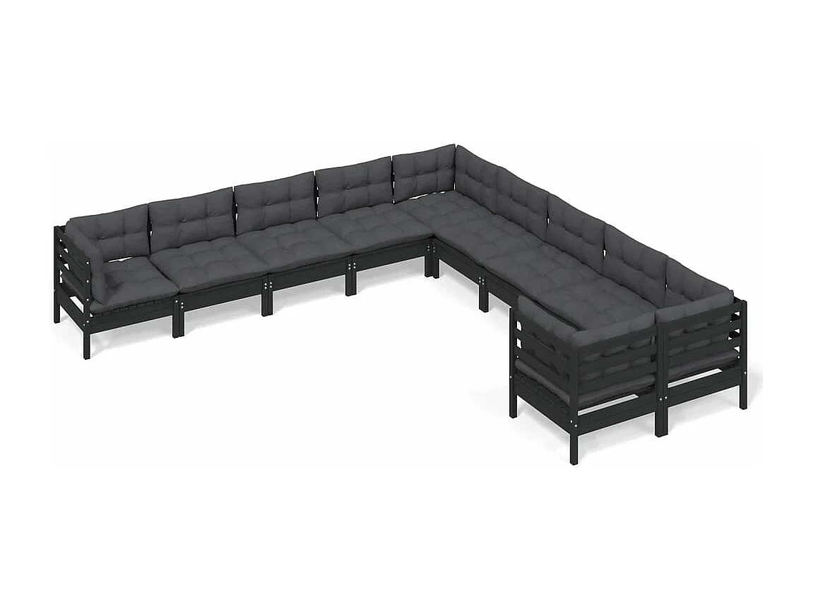 Set Divani da Giardino 10 pz con Cuscini Neri Massello di Pino
