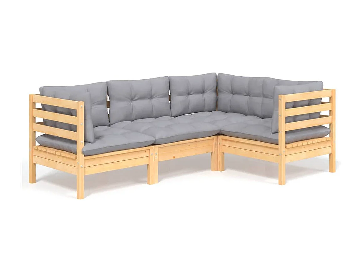Set Divani da Giardino 4 pz con Cuscini Grigi Massello di Pino