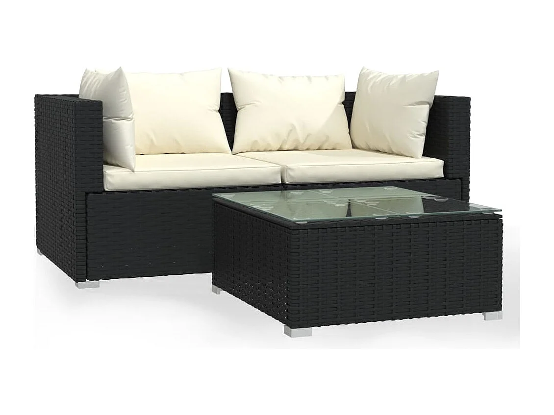 Set Divani da Giardino 3 pz con Cuscini Nero in Polyrattan