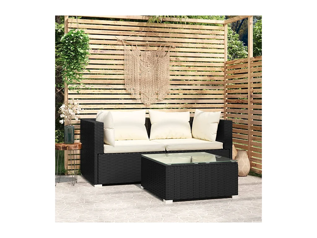 Set Divani da Giardino 3 pz con Cuscini Nero in Polyrattan