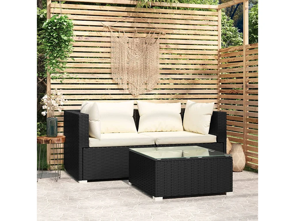3 pcs conjunto lounge de jardim c/ almofadões vime PE preto