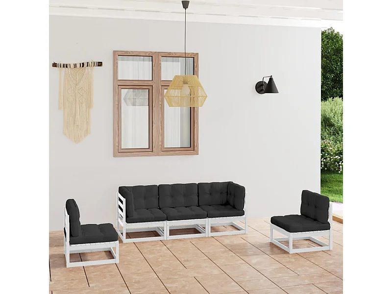 Set Divani da Giardino 5 pz con Cuscini Legno Massello di Pino