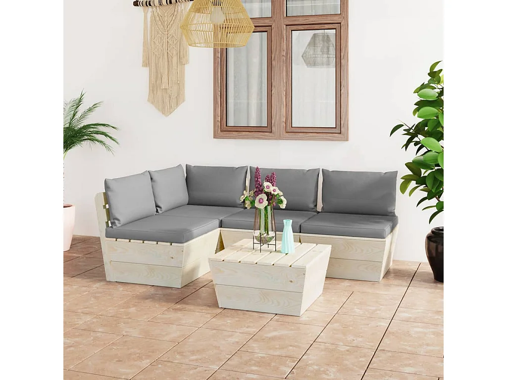 Salon de jardin palette 5 pcs avec coussins bois d'épicéa