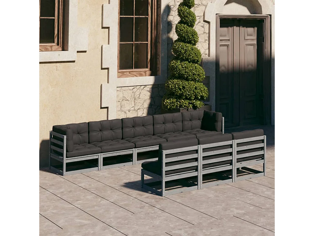 Salon de jardin 8 pcs avec coussins Gris Bois de pin massif