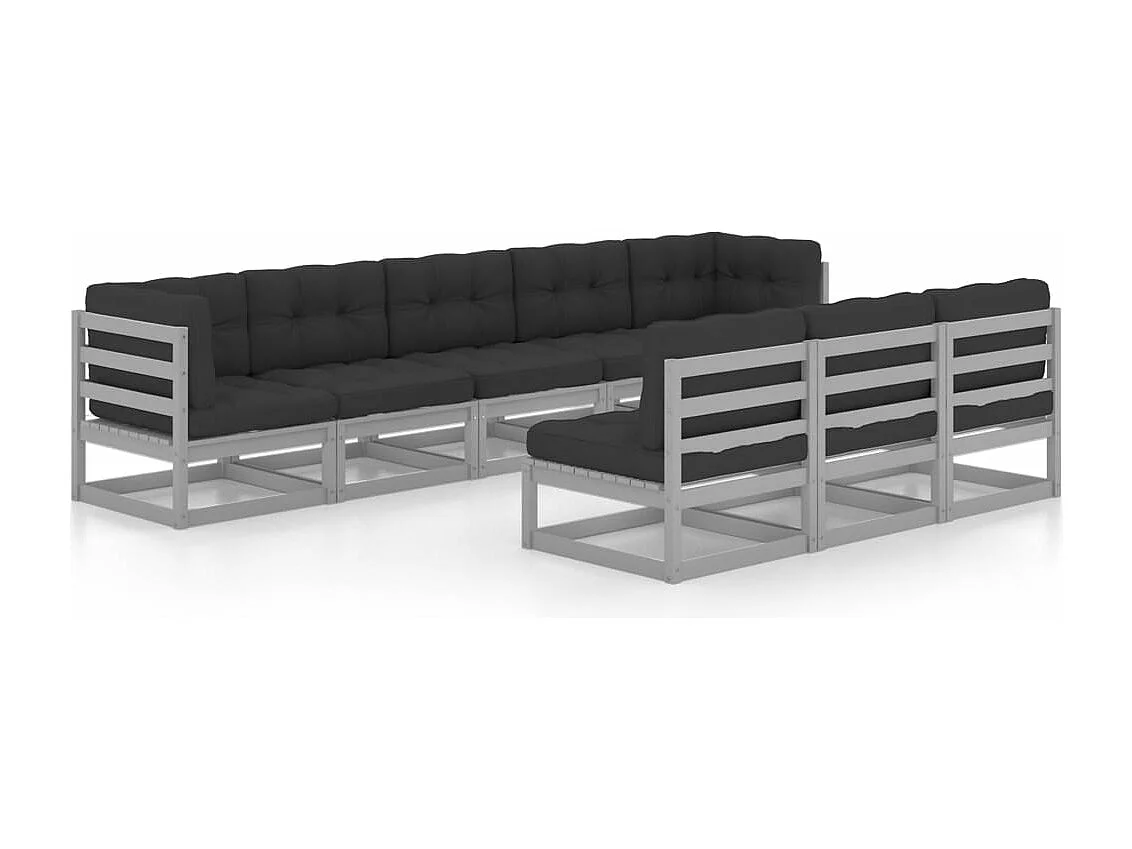 Salon de jardin 8 pcs avec coussins Gris Bois de pin massif