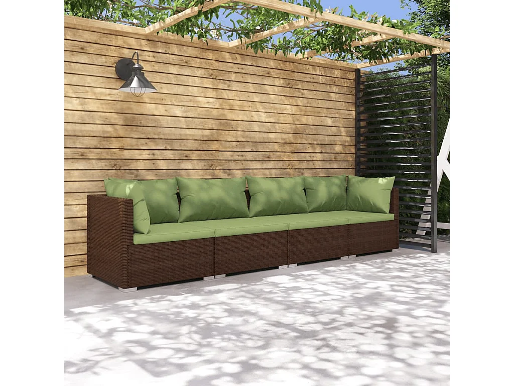 4 pcs conjunto lounge jardim c/ almofadões vime PE castanho