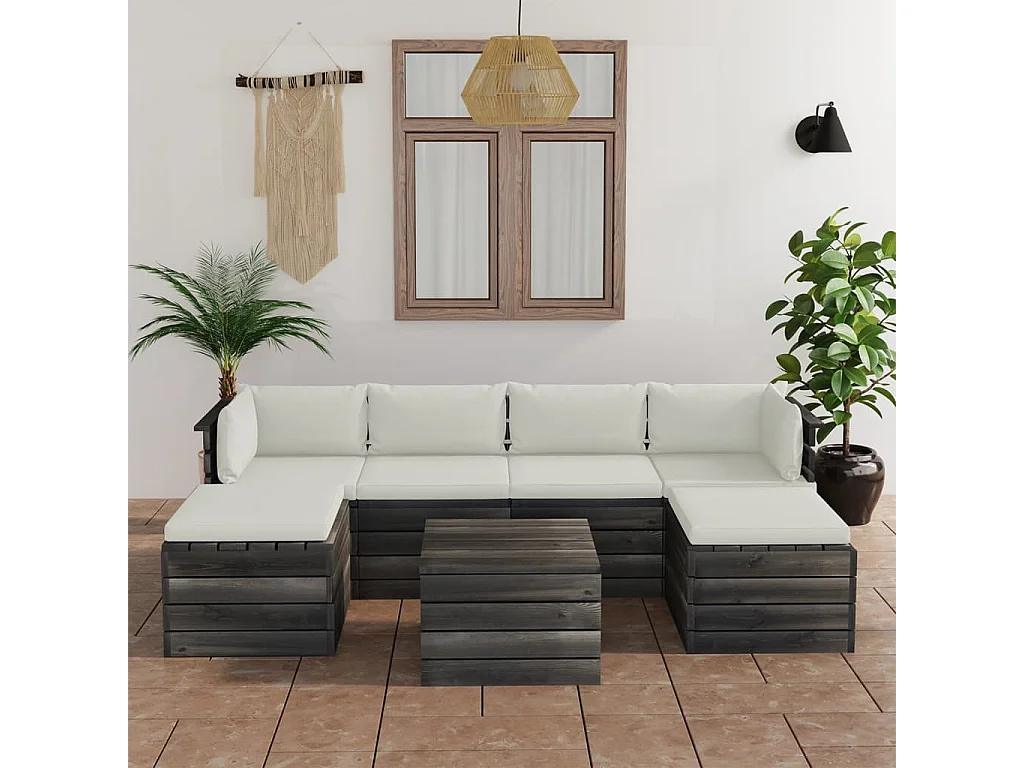 7-delige Loungeset met kussens pallet massief grenenhout