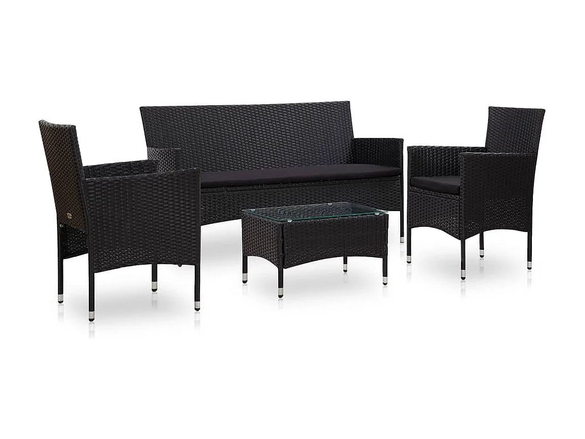 4 pcs conjunto lounge de jardim c/ almofadões vime PE preto