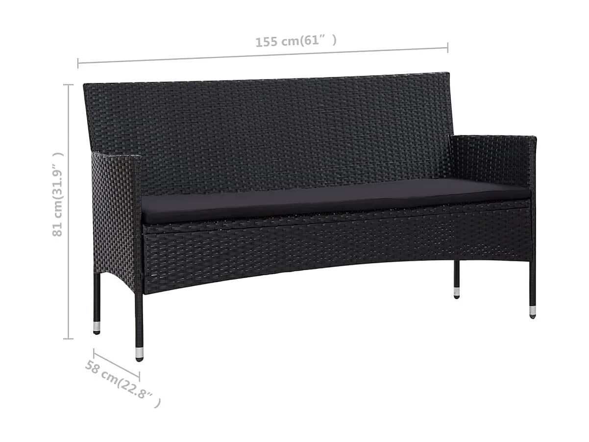 4 pcs conjunto lounge de jardim c/ almofadões vime PE preto