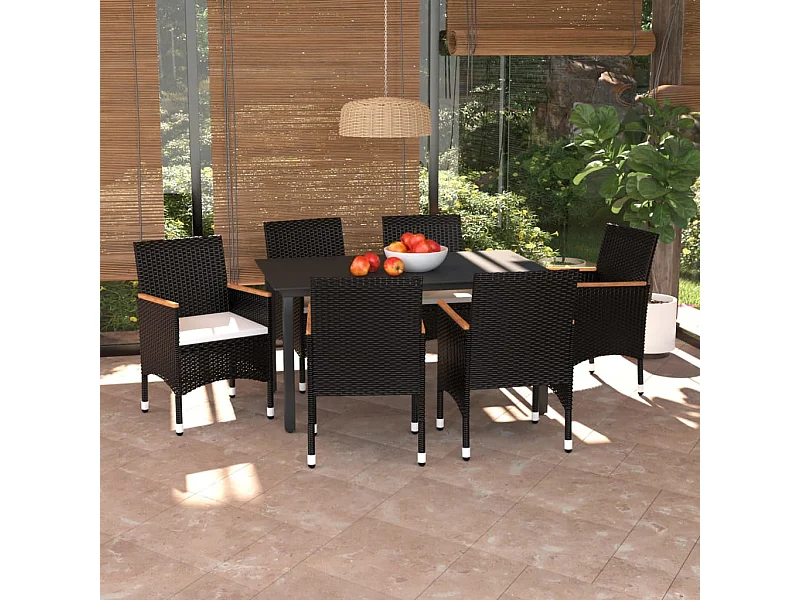 Set da Pranzo per Giardino 7 pz con Cuscini Polyrattan Nero
