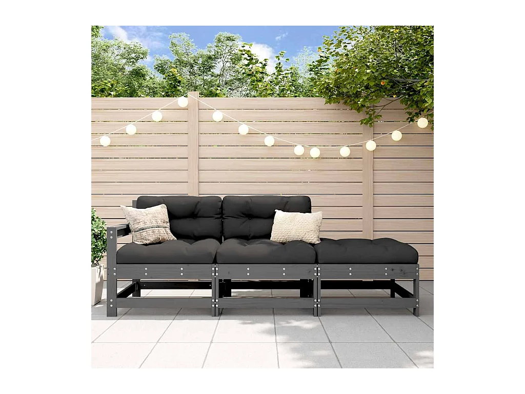 Salon de jardin 3 pcs avec coussins gris bois massif