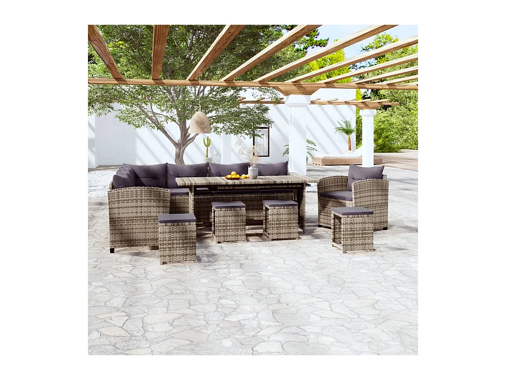 Salon de jardin 7 pcs avec coussins résine tressée gris