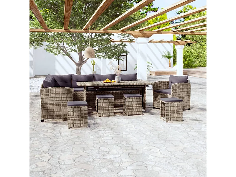 Salon de jardin 7 pcs avec coussins résine tressée gris