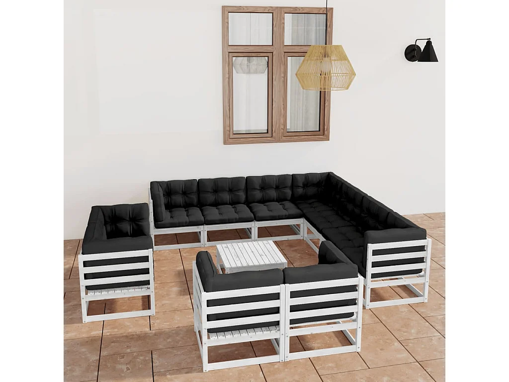 12 pcs conj. lounge de jardim c/ almofadões pinho maciço branco