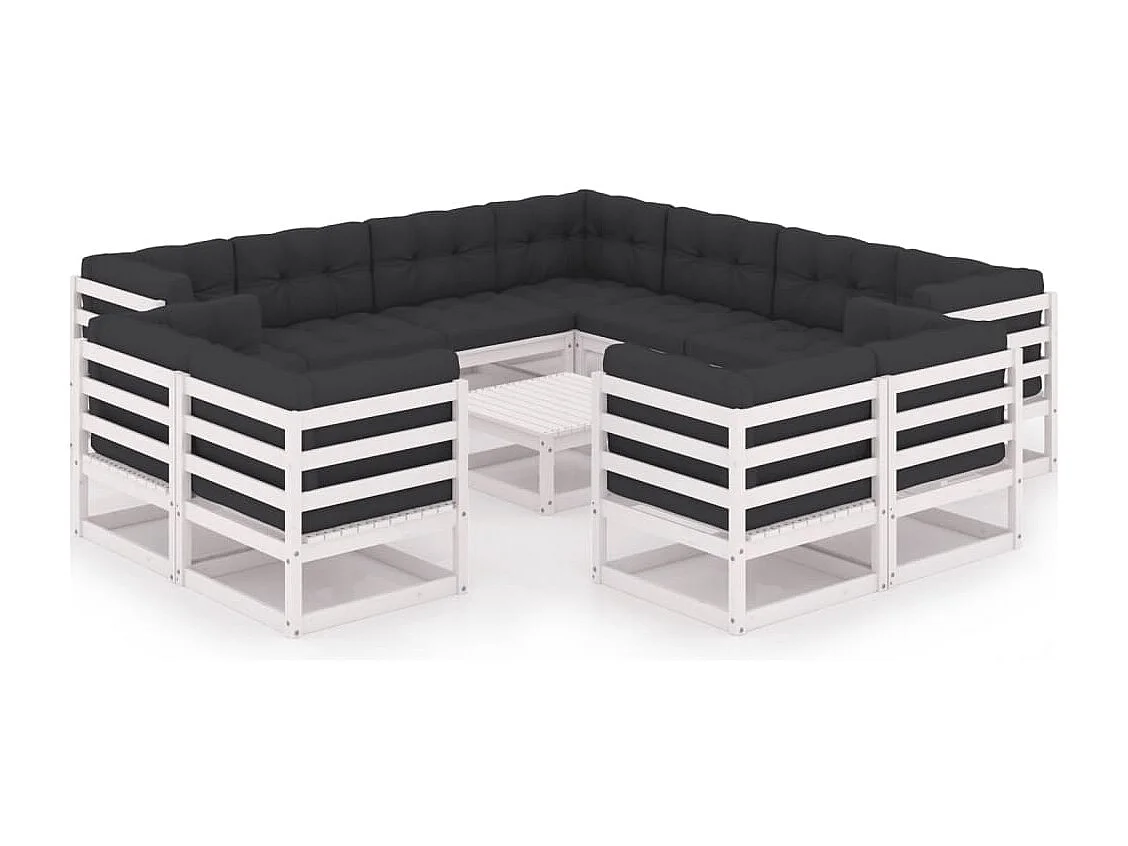 12 pcs conj. lounge de jardim c/ almofadões pinho maciço branco