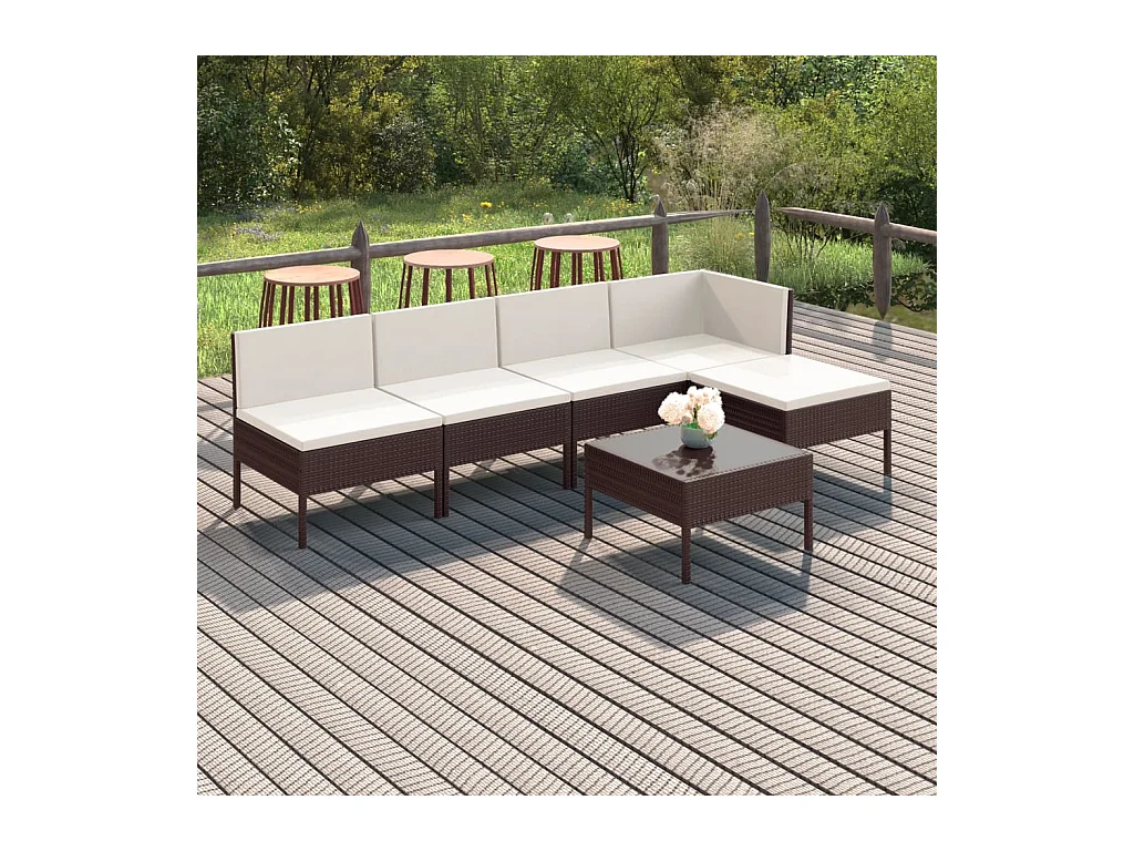 6-delige Loungeset met kussens poly rattan bruin