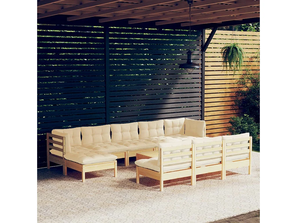 11-tlg. Garten-Lounge-Set mit Creme Kissen Kiefernholz