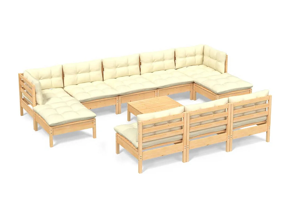 11-tlg. Garten-Lounge-Set mit Creme Kissen Kiefernholz